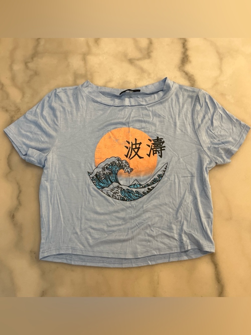 Light Blue Crop Tee with Japanese Orange Sun & Wave Graphic